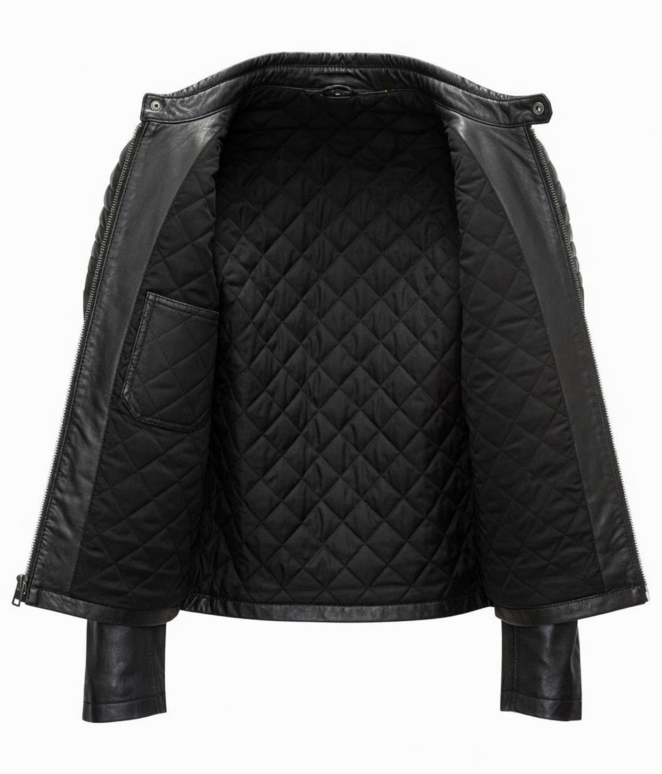 Black quilted jacket on a white background
