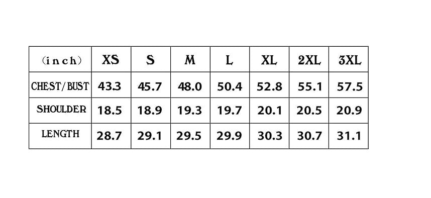 Measurement chart for chest/bust, shoulder, and length in inches across XS to 3XL sizes.