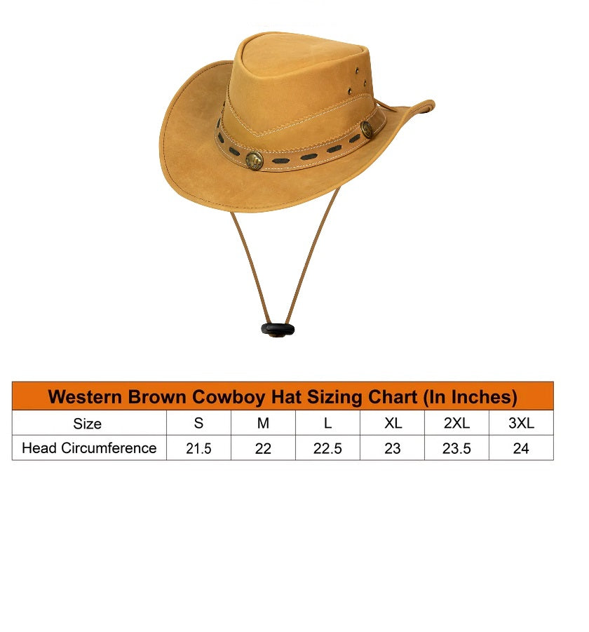 Western Brown Cowboy Hat sizing chart showing head circumference in inches for sizes S to 3XL