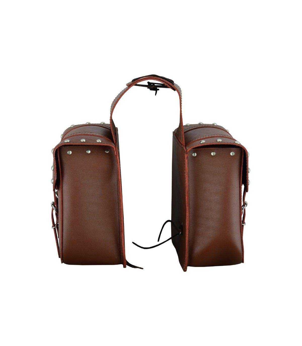 Pair of brown leather bags with straps on a white background