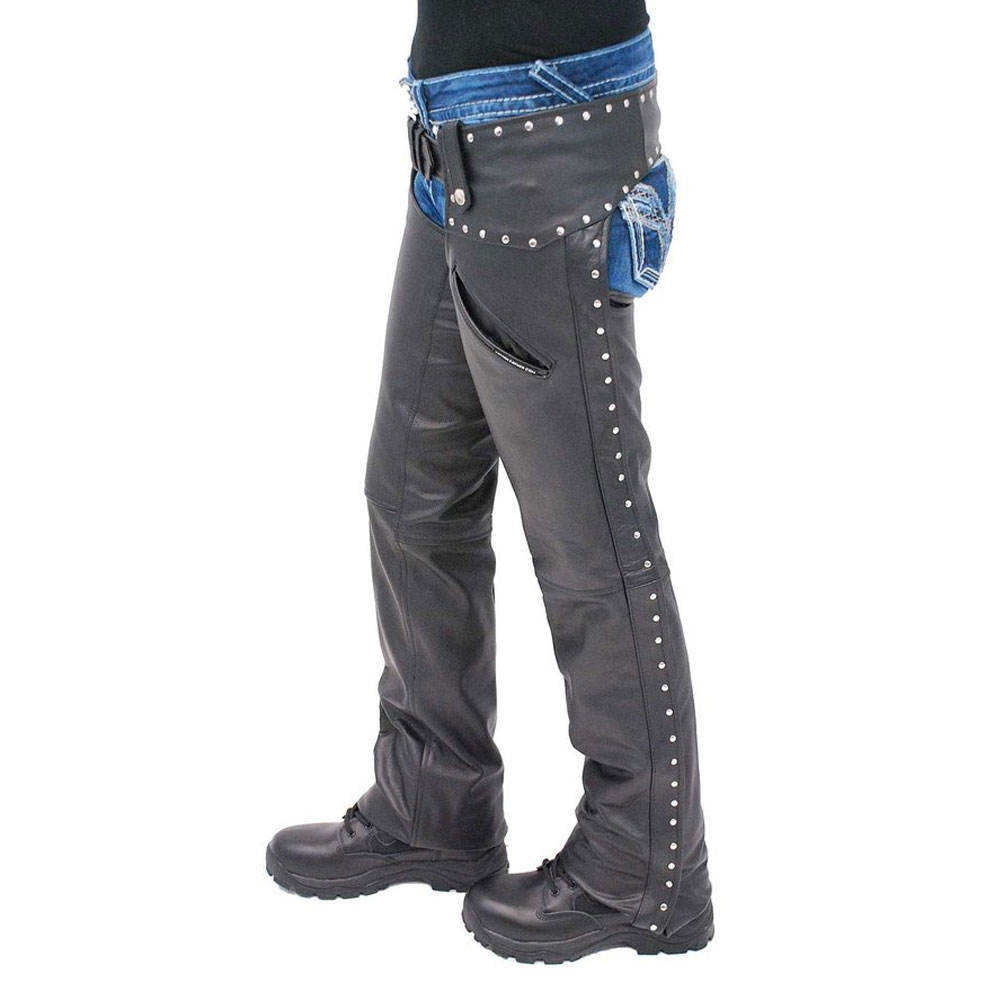 Gray leather pants with studded details on