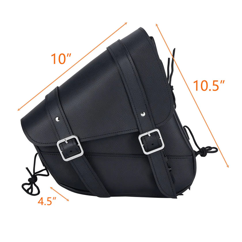 Black leather saddle bag displayed with dimensions to illustrate its size and storage capacity for motorcycle use.