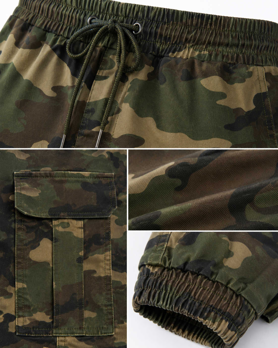Close-up collage of camouflage drawstring shorts showing the waistband, front pocket, fabric texture, and elastic cuff.