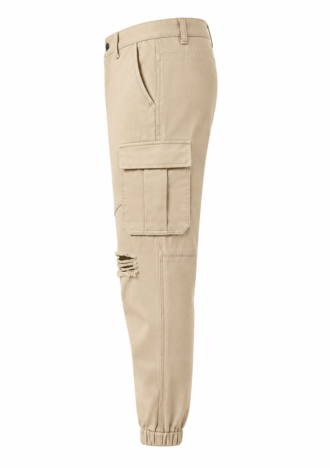 Men's Stone Cotton Twill Ripped Cargo Jogger Trousers side view showing ripped knee detail and cargo pocket profile