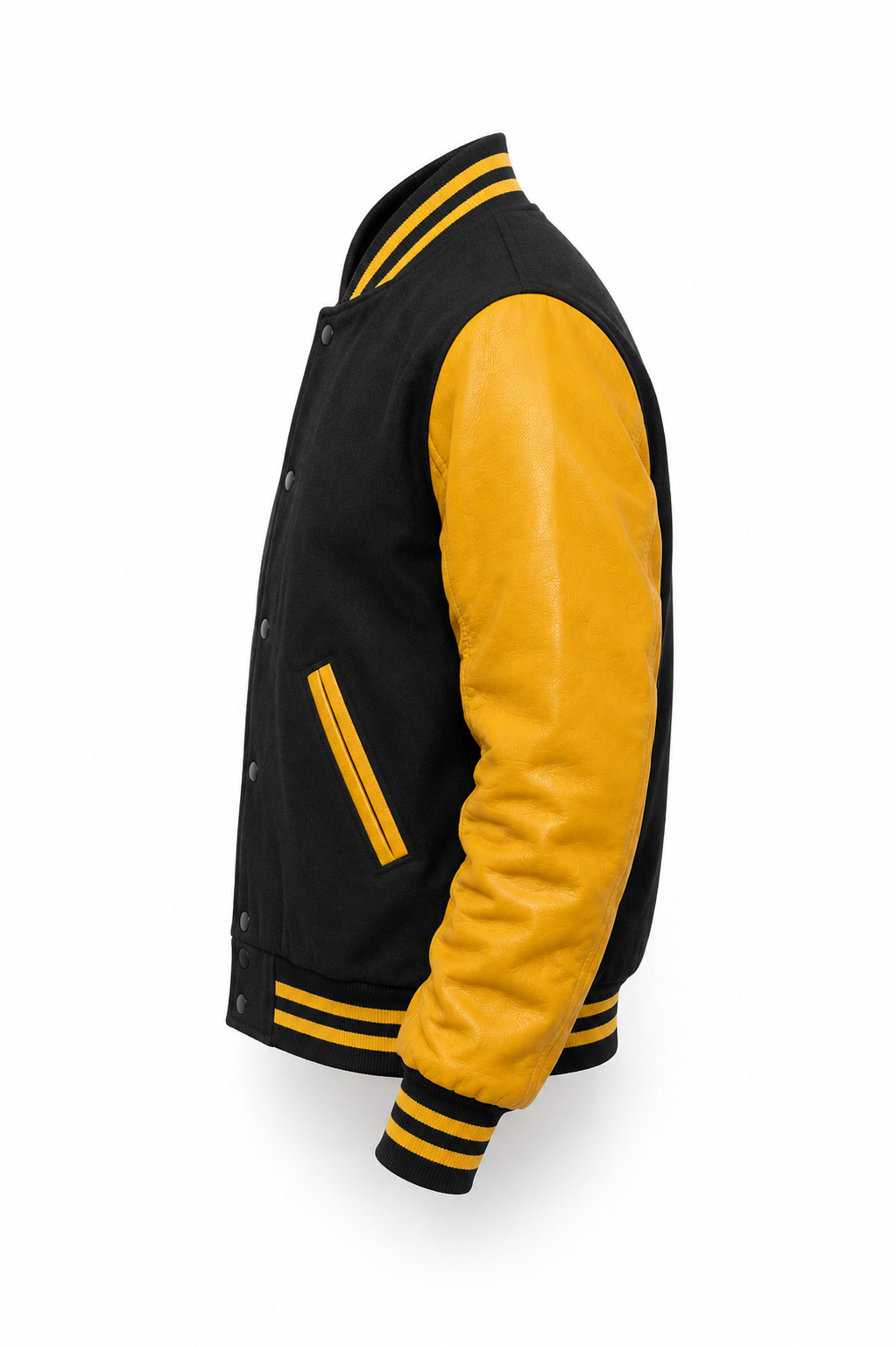 Black and yellow varsity bomber jacket side view on white background