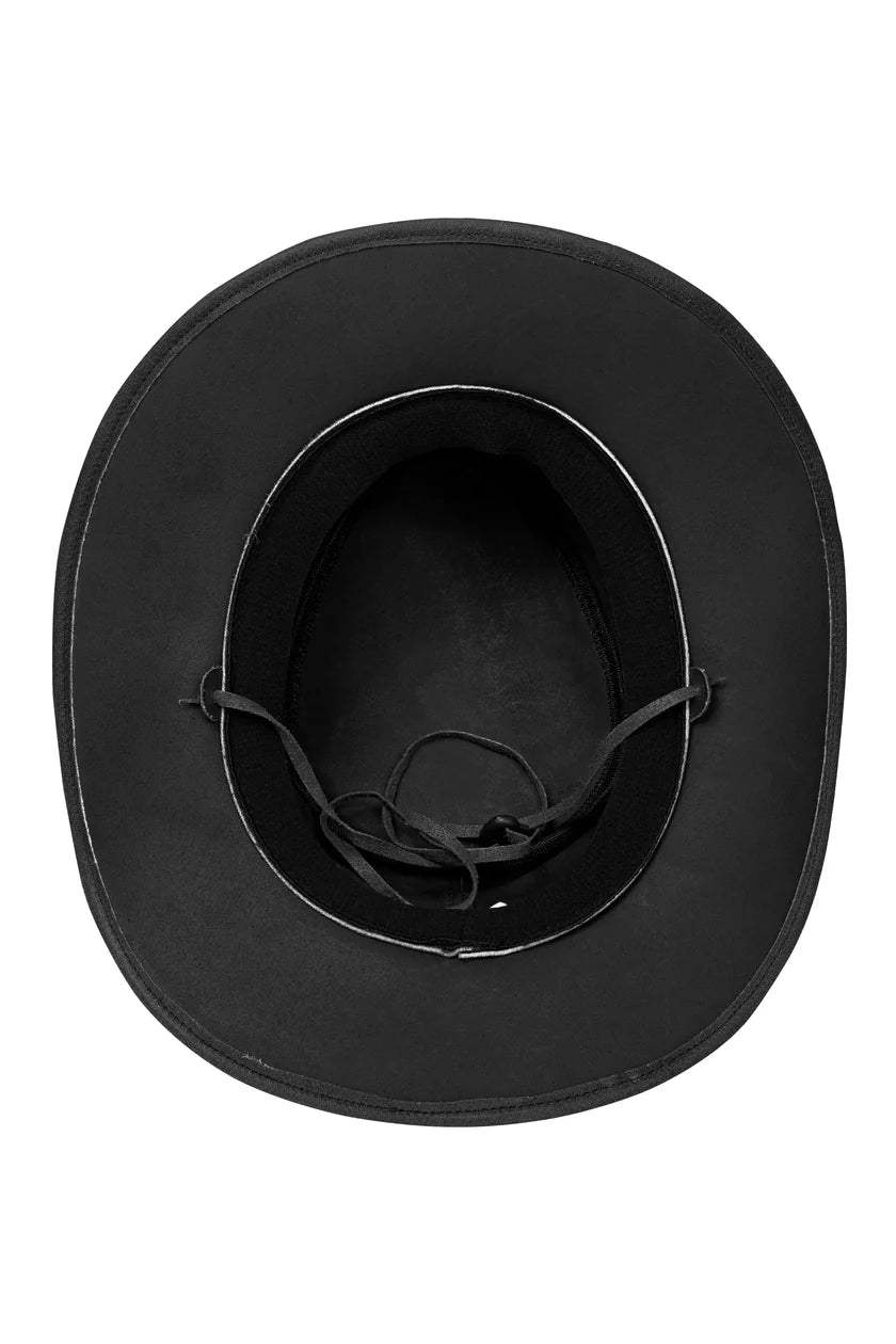 Interior of men's black leather outback hat showing clean black leather lining and adjustable chin cord
