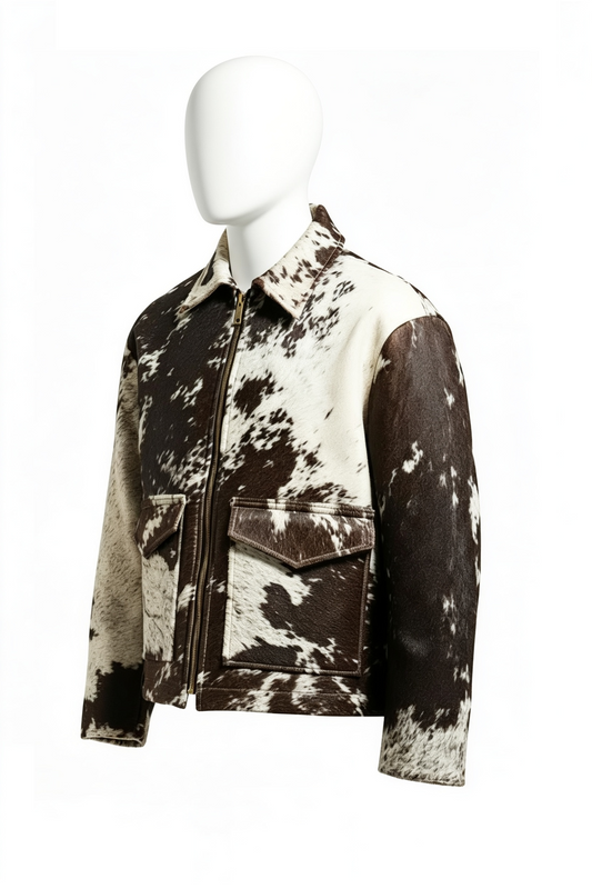 A cow-print leather jacket displayed on a white mannequin against a plain white background. The jacket features a brown and cream cowhide pattern with a solid dark brown collar, front zipper, and two large front flap pockets.