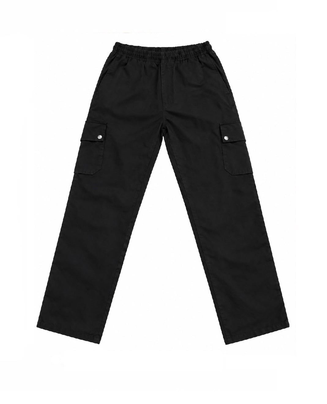 Black cargo pants with an elastic waistband and side cargo pockets with metal snap buttons, shown flat on a white background.