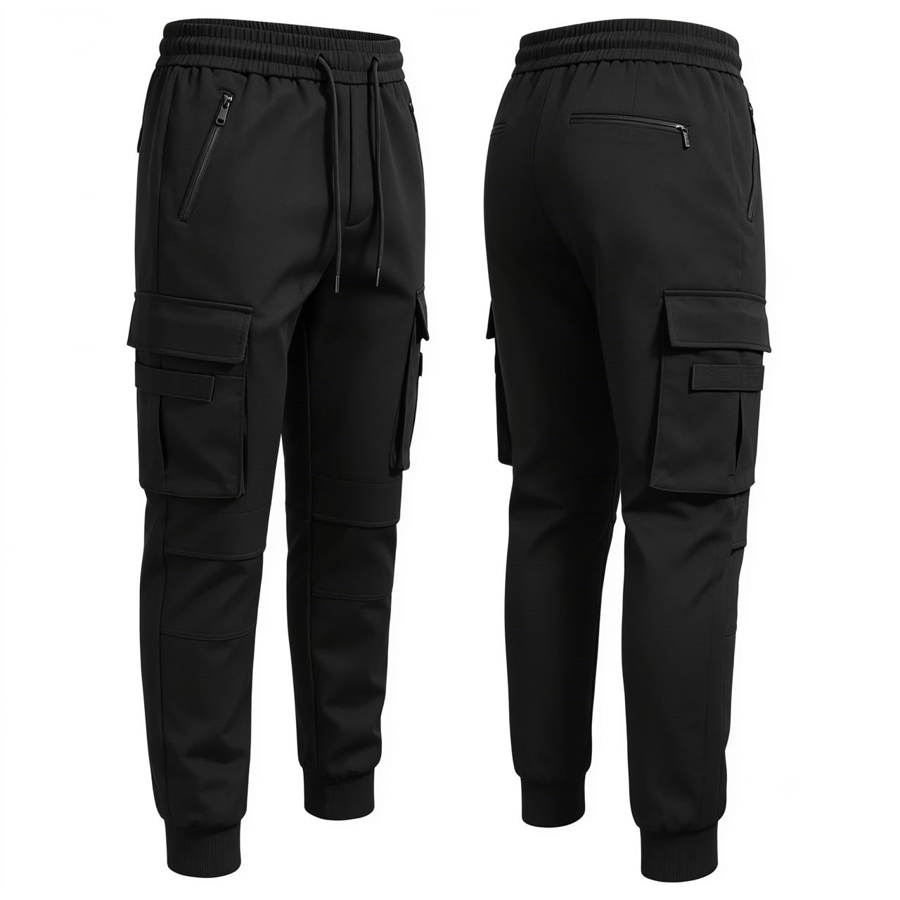 Black cargo jogger pants shown from the front and back views, featuring an elastic drawstring waist, zippered side pockets, and large cargo pockets on the thighs and lower legs.