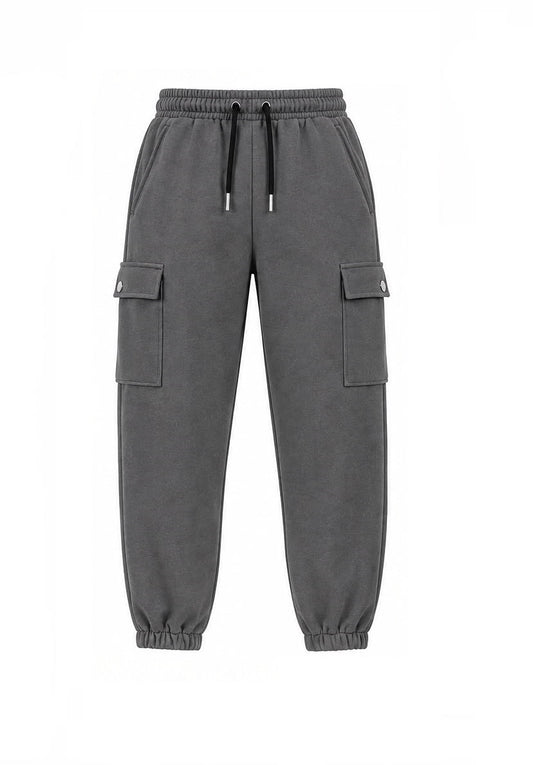 Men's charcoal grey fleece cargo joggers back view