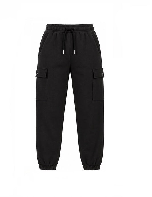 Black cargo jogger pants with an elastic drawstring waist, side cargo pockets, and elastic cuffs, shown against a plain white background.