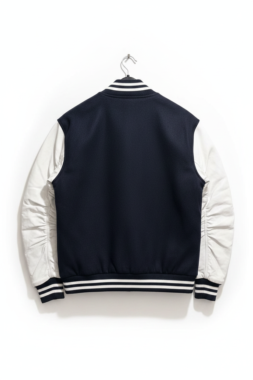A varsity-style jacket shown from the back, featuring a dark navy blue body and contrasting off-white sleeves, hanging on a black hanger against a plain white background.