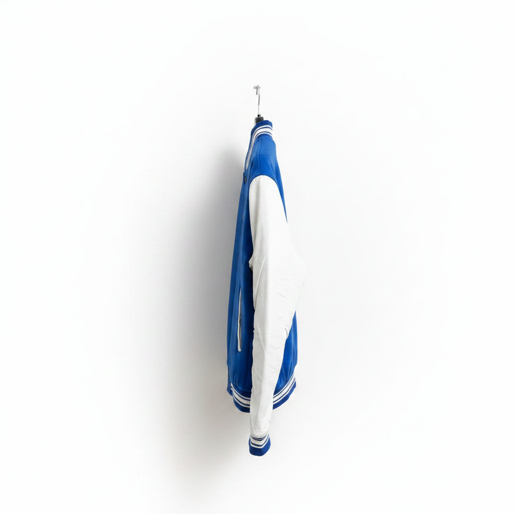 A blue and white varsity-style jacket hanging on a metal hanger against a plain white wall.