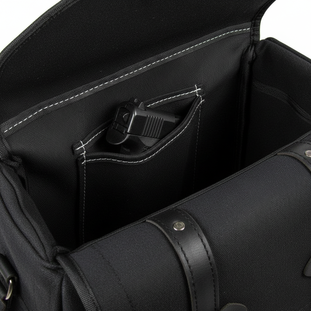 Black Canvas Saddlebag - Gun Holster Close-Up