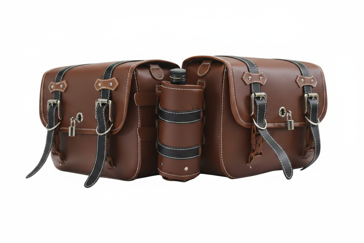 Two brown leather saddlebags on a white background
