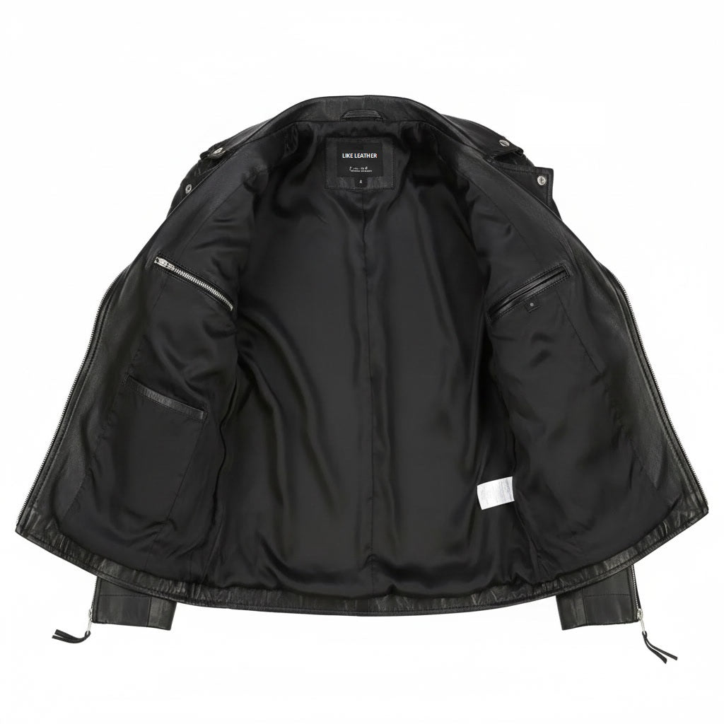 Black jacket with visible branding on a white background