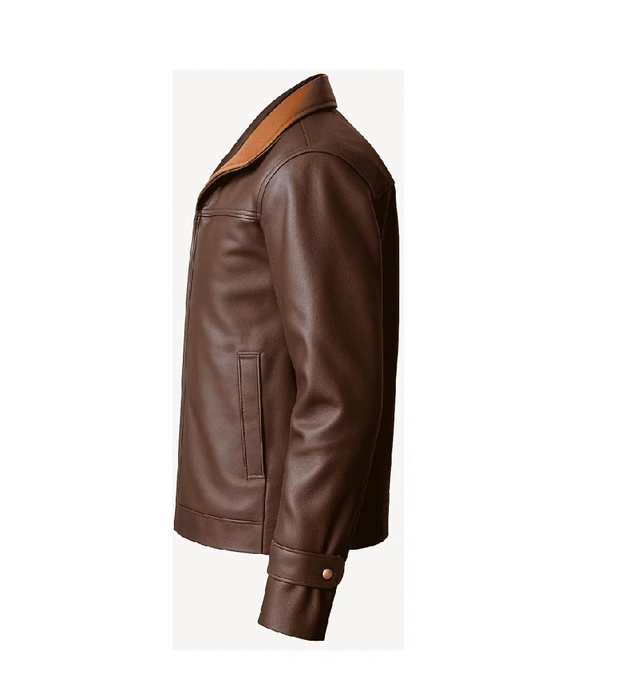 Men's Dark Brown Leather Jacket | Cognac Collar