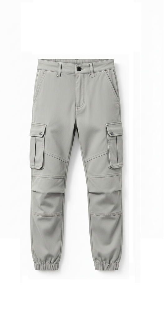 Light gray cargo jogger pants with elastic cuffs, shown flat against a white background.