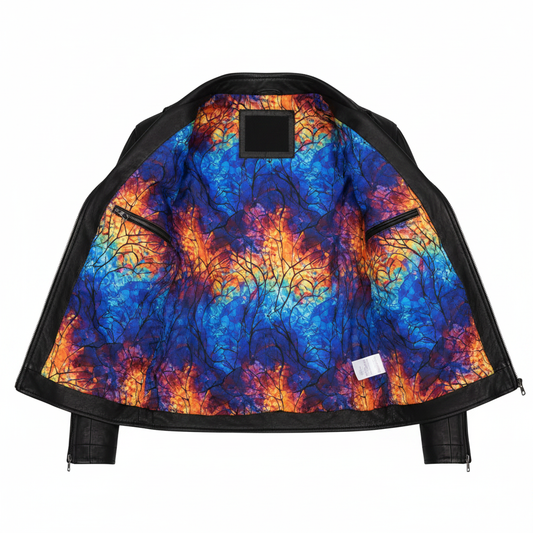 Interior view of black leather biker jacket showing vibrant sublimation printed lining and inner zip pocket — Phantom Stripe by Like Leather