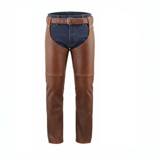 Brown leather pants with blue denim lining