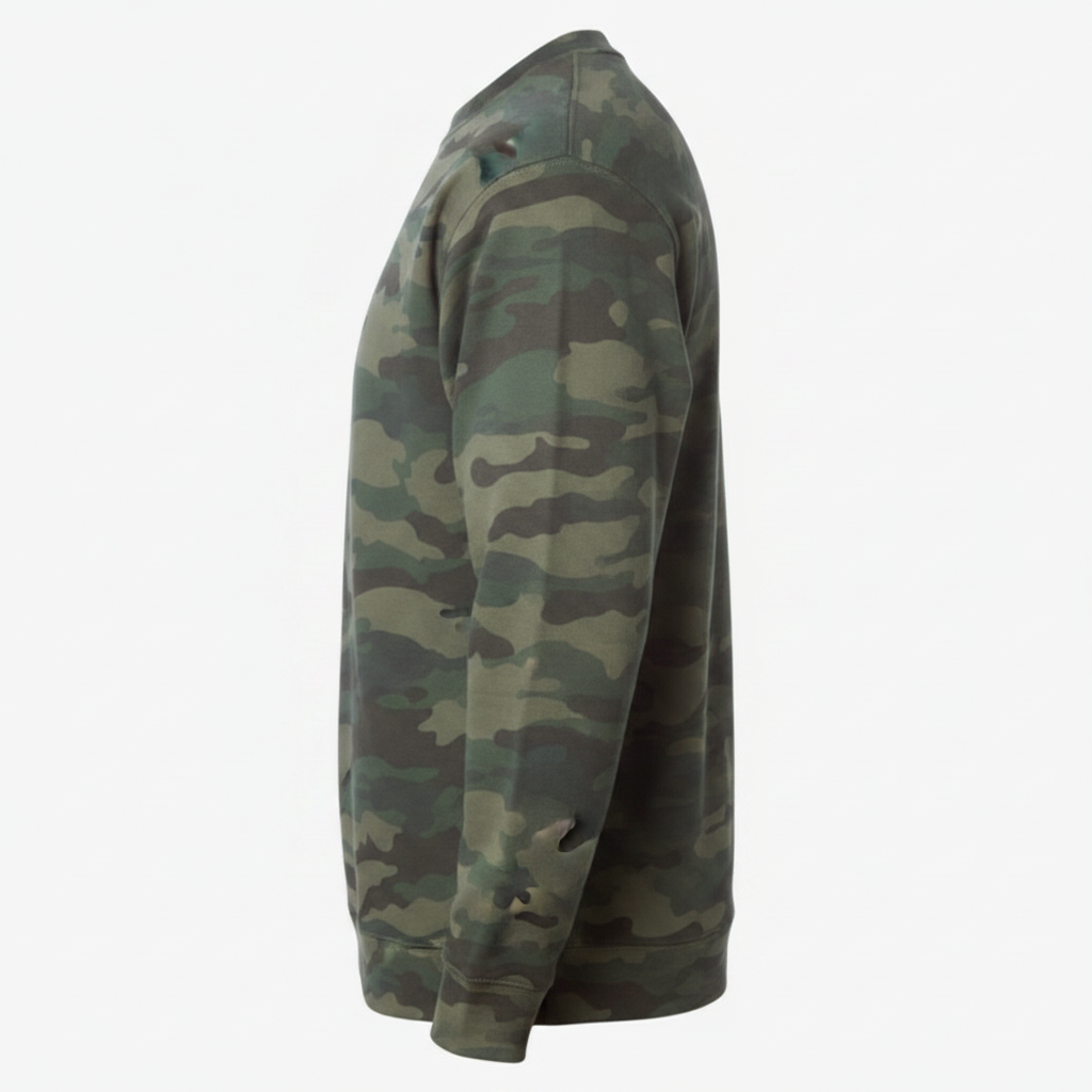 A side profile view of a crewneck sweatshirt featuring a classic green and brown camouflage pattern, set against a plain light gray background.