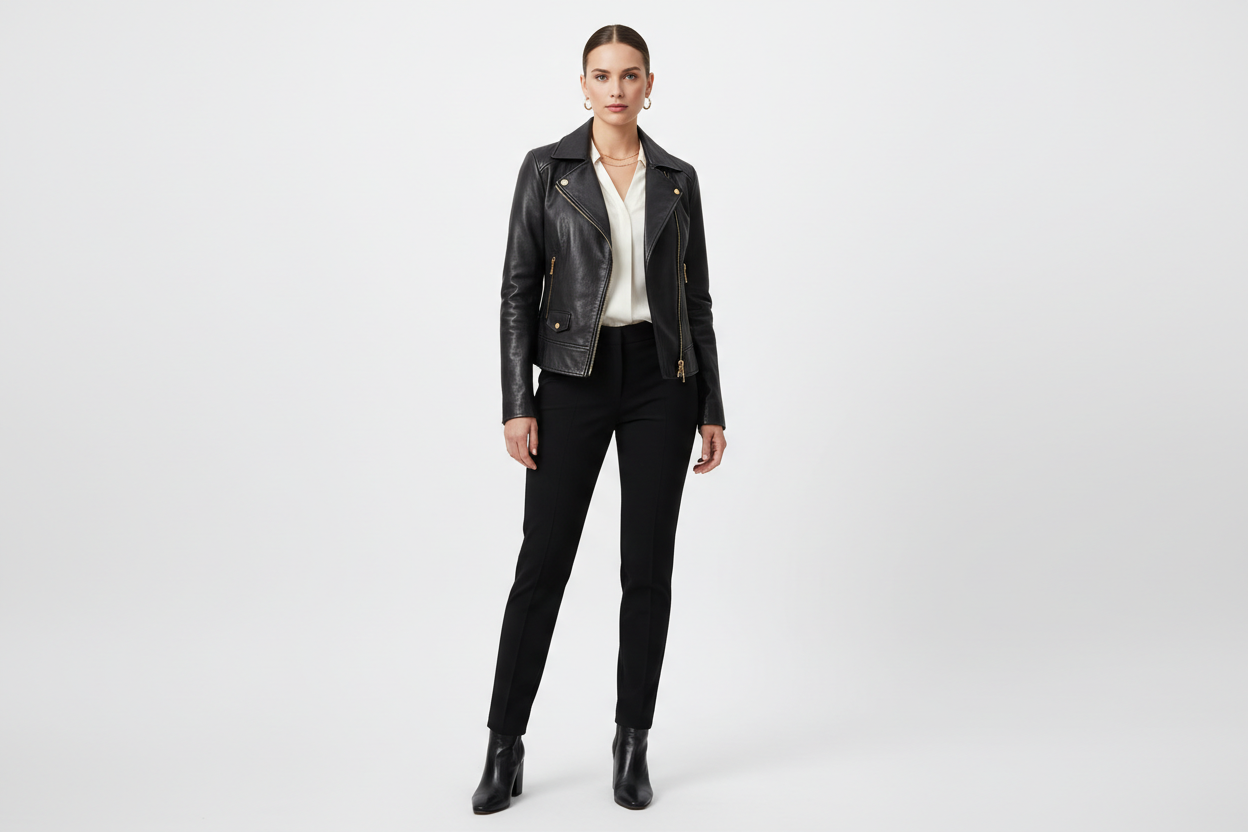 Woman wearing a black leather biker jacket with gold zip detail – women's leather collection