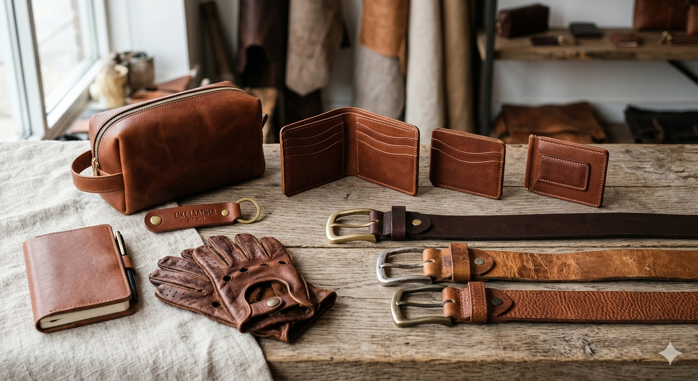 Premium tan leather accessories including wallet, belt, gloves, notebook and wash bag arranged on a wooden workshop table