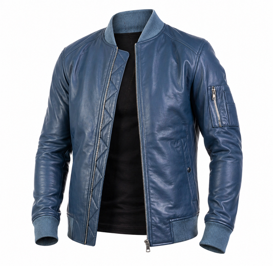 Blue leather jacket on a white background