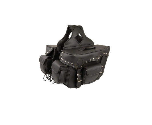 Black leather saddlebag with studs on a white background