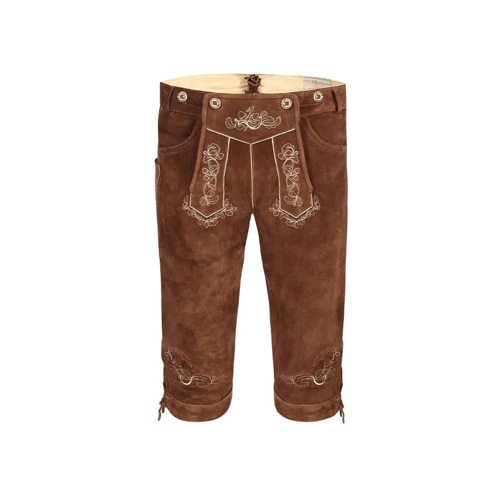 Men's brown suede leather lederhosen with floral embroidery — knee length, button fly