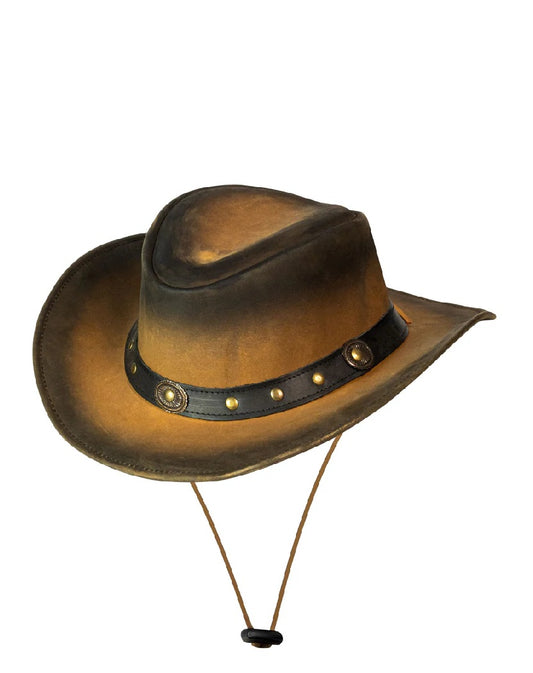 Men's brown leather western cowboy hat – three-quarter view showing dual concho hatband and structured pinched crown