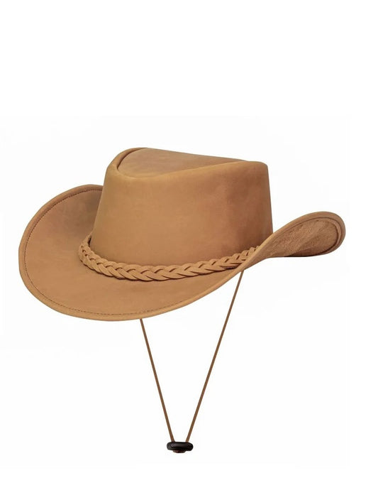 Men's tan cowhide leather outback cowboy hat – front view showing braided leather band and brown chin cord