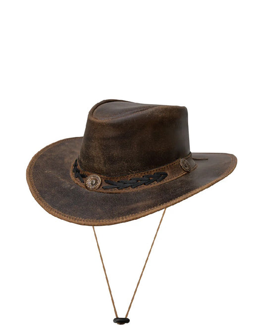 A dark brown distressed leather cowboy hat with a braided band, decorative metal conchos, and an adjustable chin strap, shown