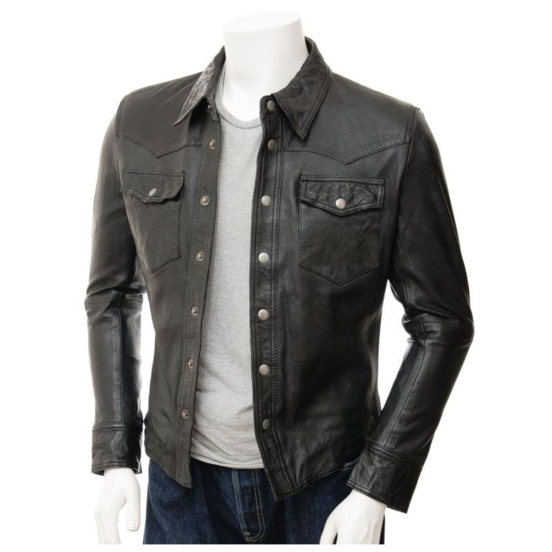 Men's genuine black leather shirt slim fit with zipper closure – Like Leather