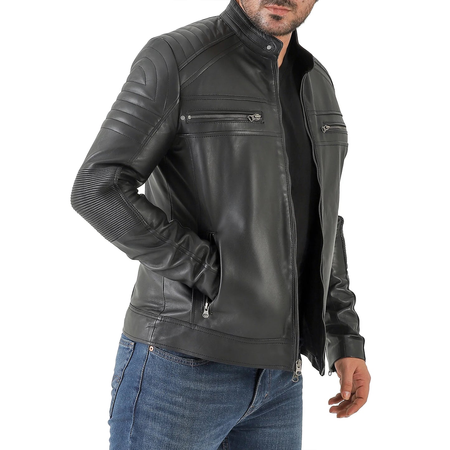 Men's black cafe racer leather jacket – side view