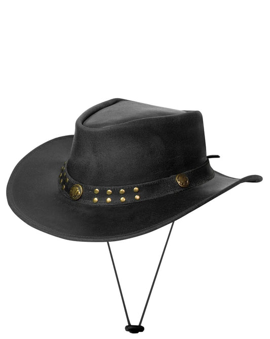 Men's black cowhide leather outback hat – front view showing studded band, buffalo nickel conchos and black chin cord
