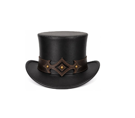 A black leather top hat with a wide brim and a decorative brown leather band featuring a central diamond-shaped ornament and brass studs, shown on a plain white background.