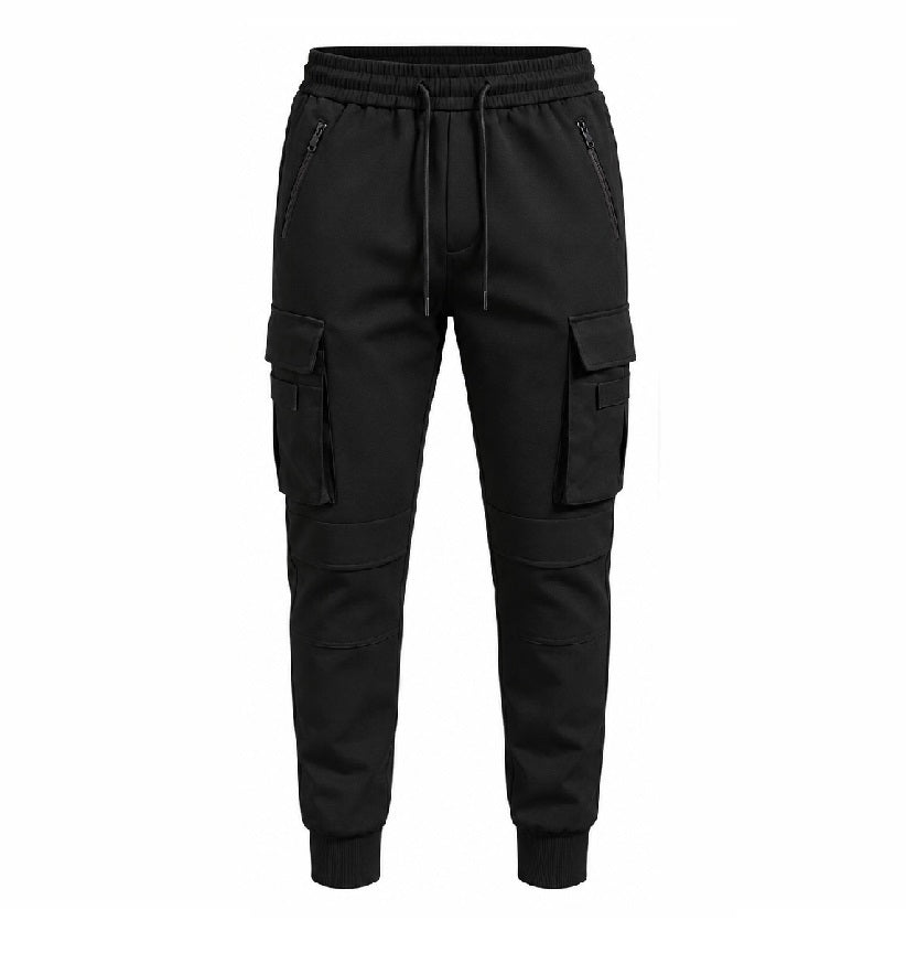 Black cargo jogger pants with an elastic drawstring waist, zippered side pockets, large cargo pockets on the thighs, and ribbed ankle cuffs, shown against a plain white background.
