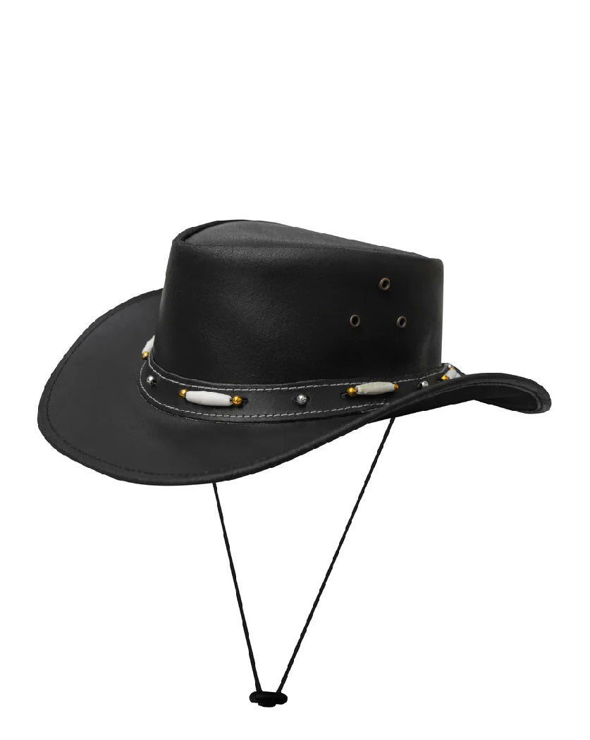 Men's black cowhide leather cowboy hat – front view showing bone bead hatband, gold beads and black chin cord