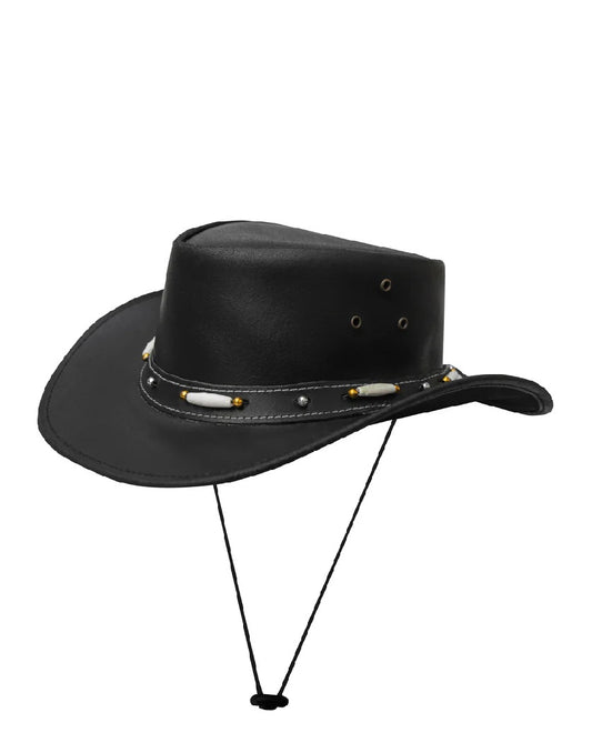 Men's black cowhide leather cowboy hat – front view showing bone bead hatband, gold beads and black chin cord
