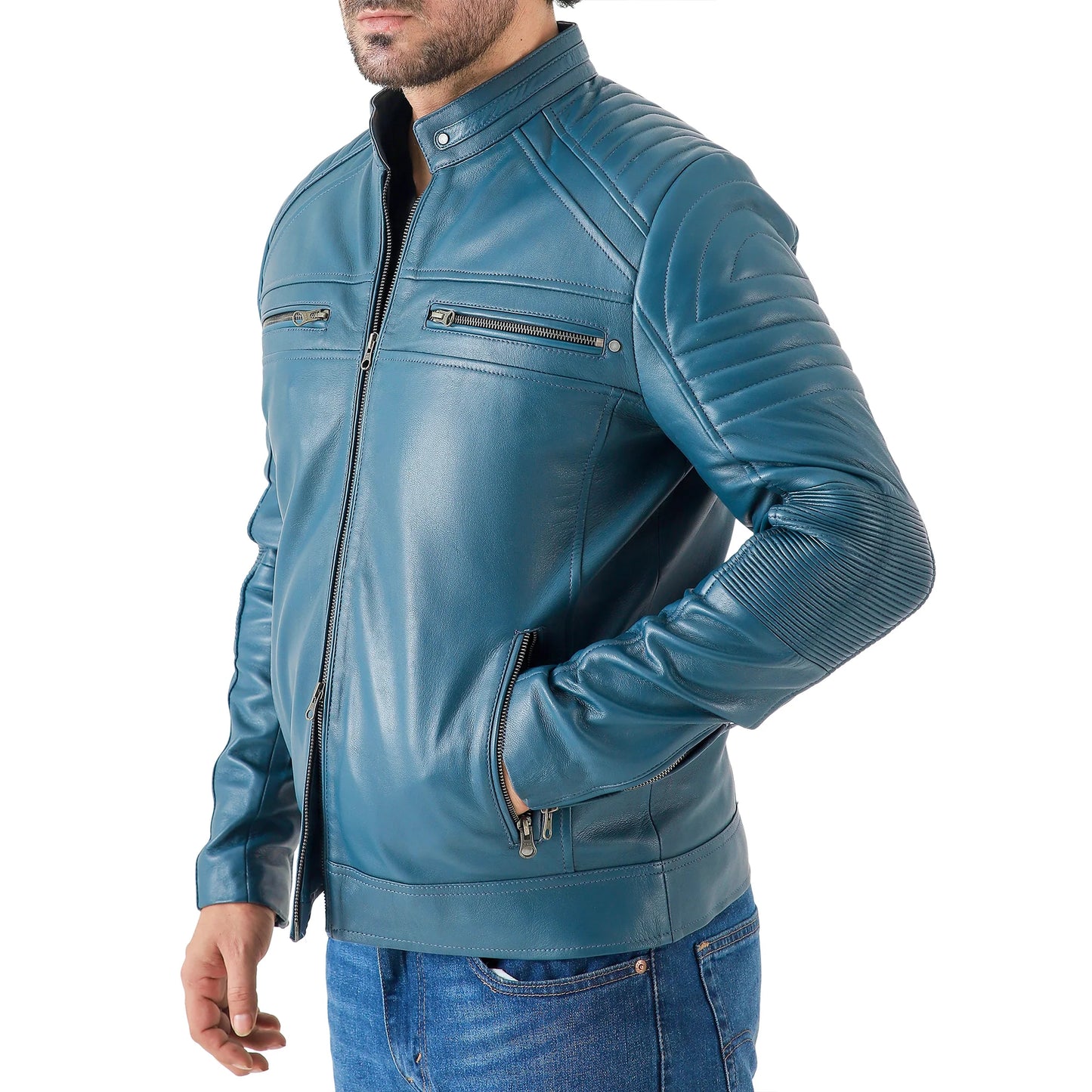 Men's black cafe racer leather jacket – close-up of zip