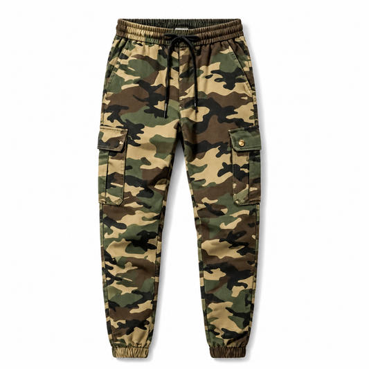 A pair of men's camouflage cargo jogger pants with an elastic waistband, drawstring, and side cargo pockets, shown against a plain white background.