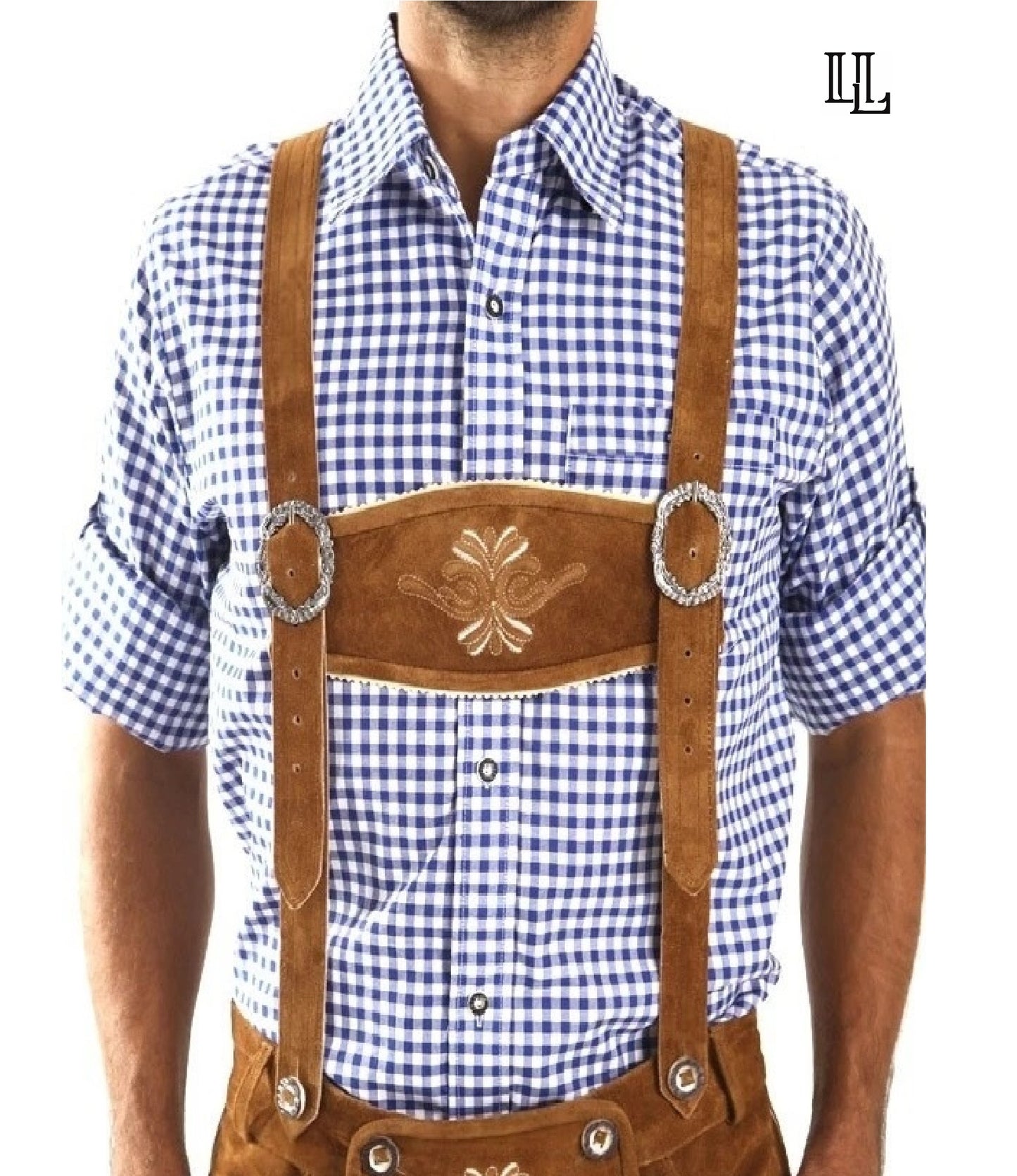 Men's leather lederhosen in tan – side view