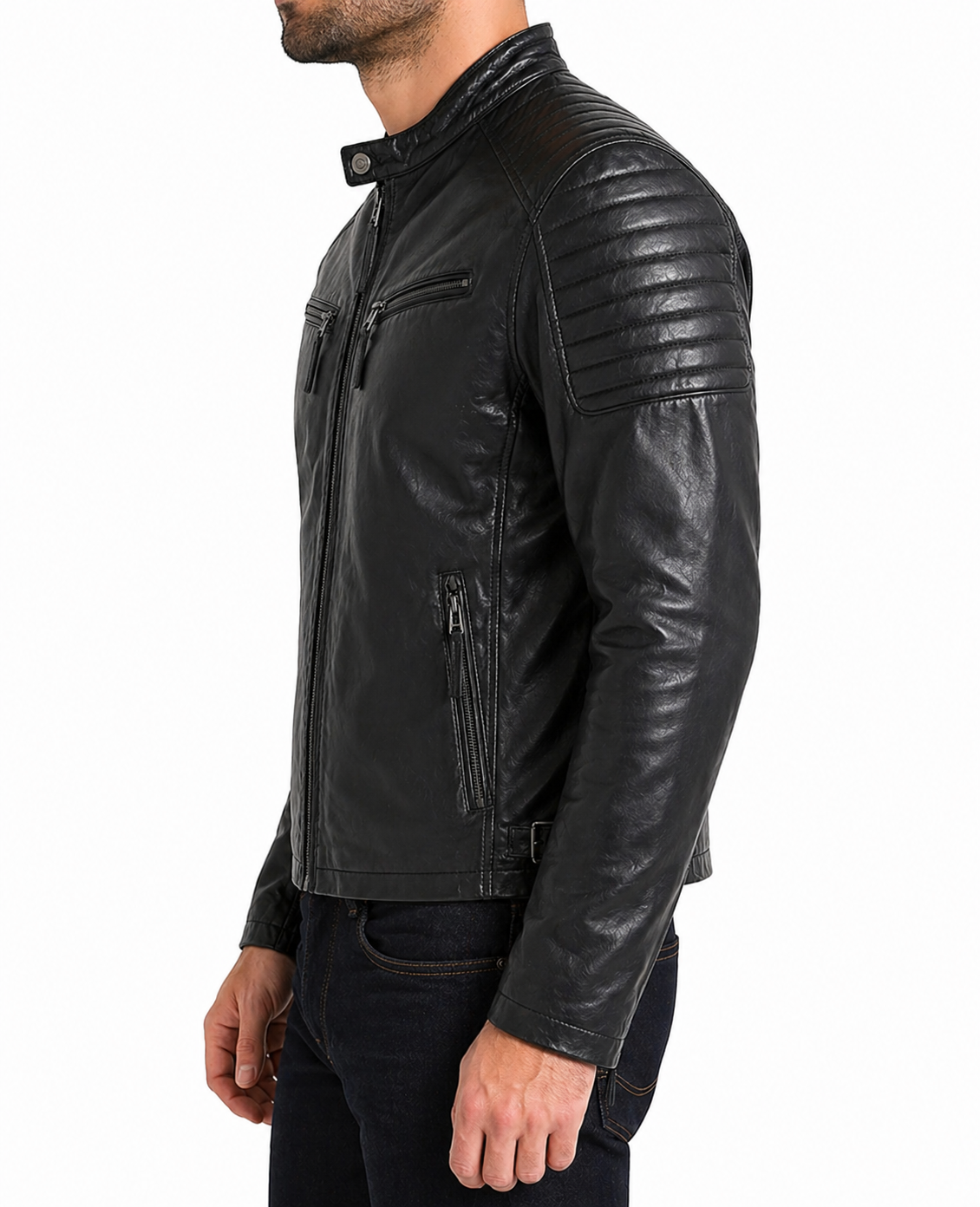 Black leather jacket worn by a person on a white background