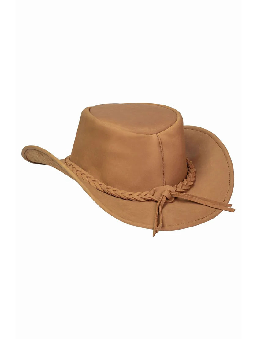 Men's tan leather outback hat – three-quarter rear view showing braided hatband tassel tie and wide stitched brim