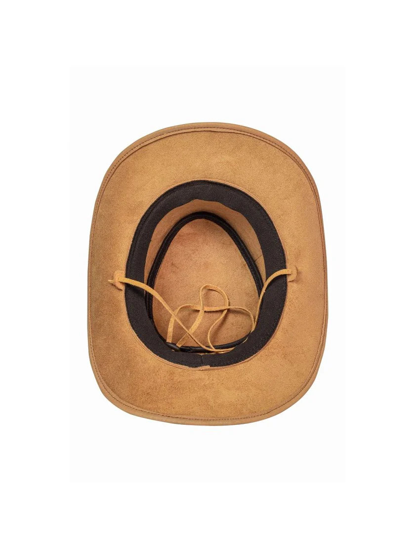 Interior of men's tan leather outback cowboy hat showing dark brown sweatband and leather chin cord