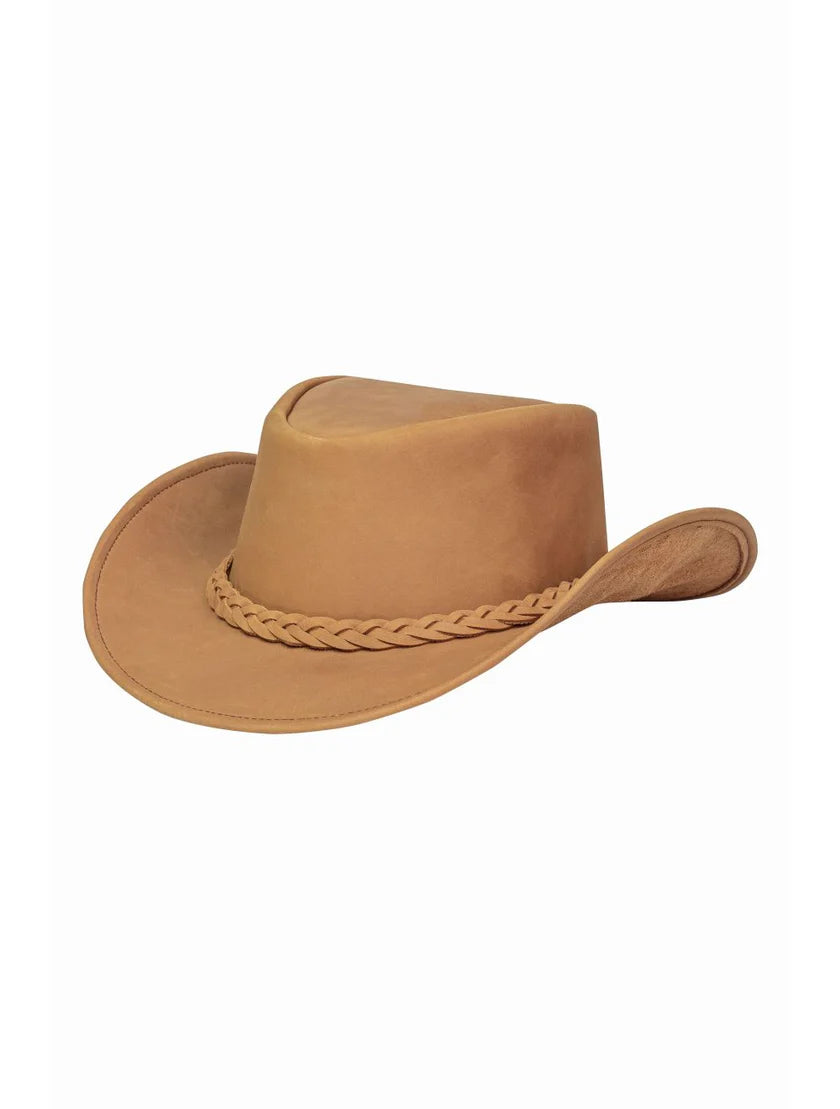 A tan cowboy hat with a braided band around the crown, shown against a plain white background.