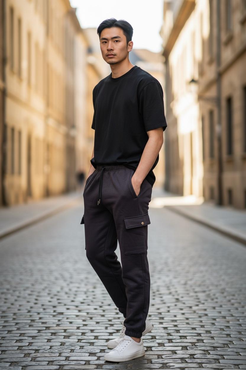 A man wearing a black short-sleeve t-shirt, dark charcoal cargo jogger pants, and white sneakers, standing on a cobblestone street in a narrow European-style alleyway.