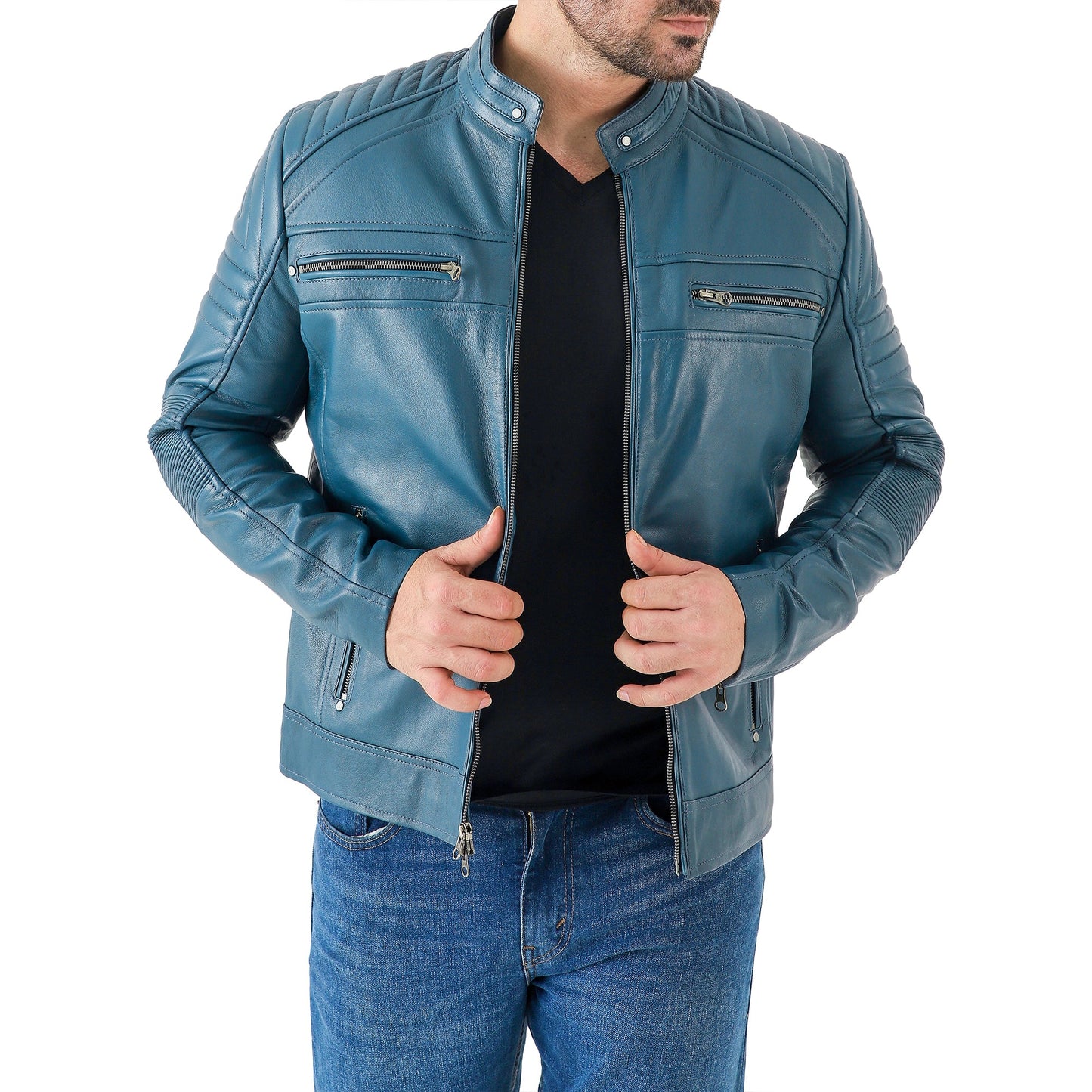 Men's black cafe racer leather jacket – worn back view