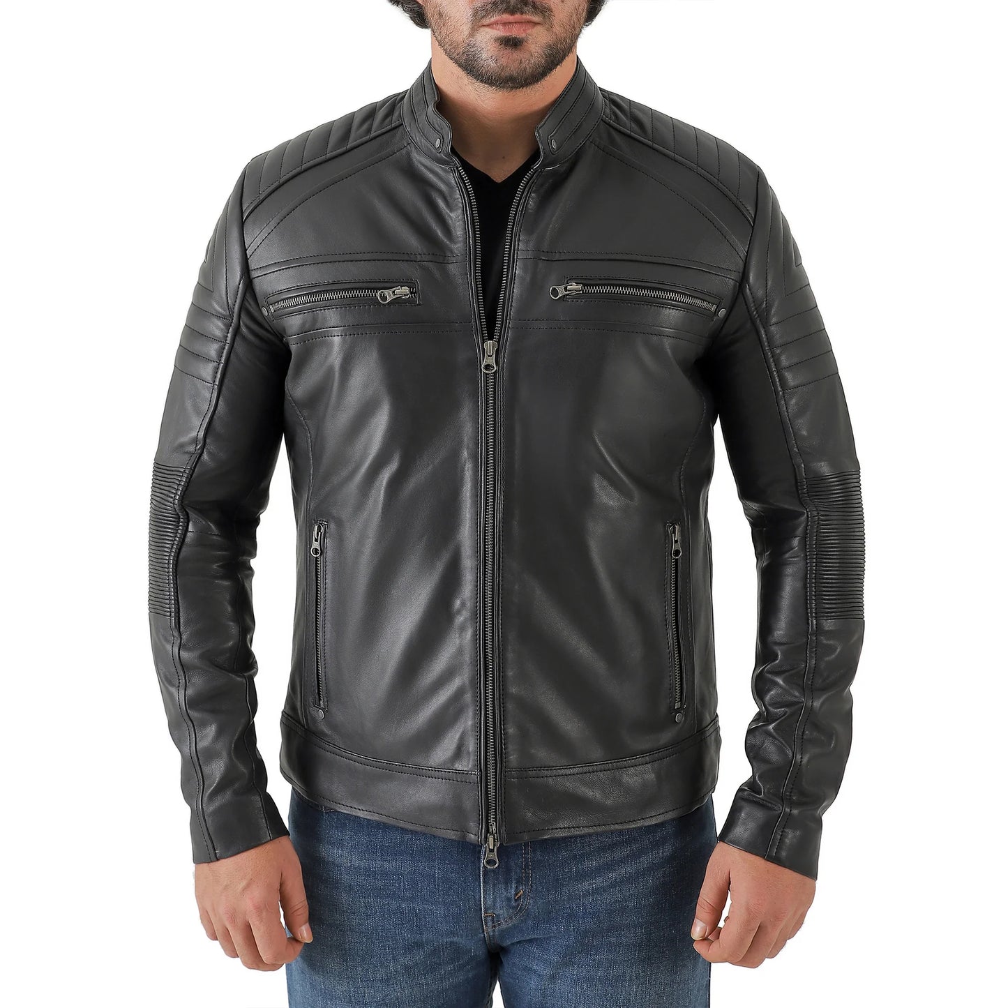 Men's black cafe racer leather jacket – back view